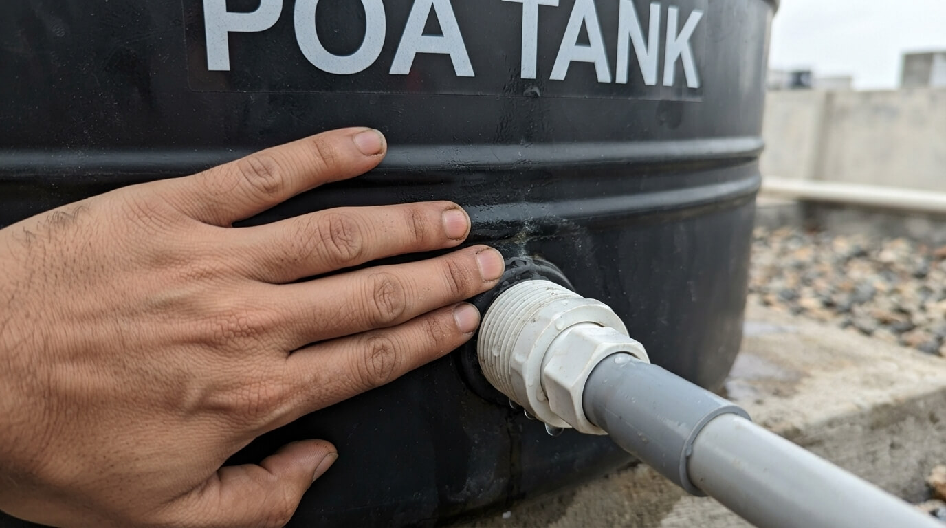 Checking a water tank fitting for leaks during maintenance