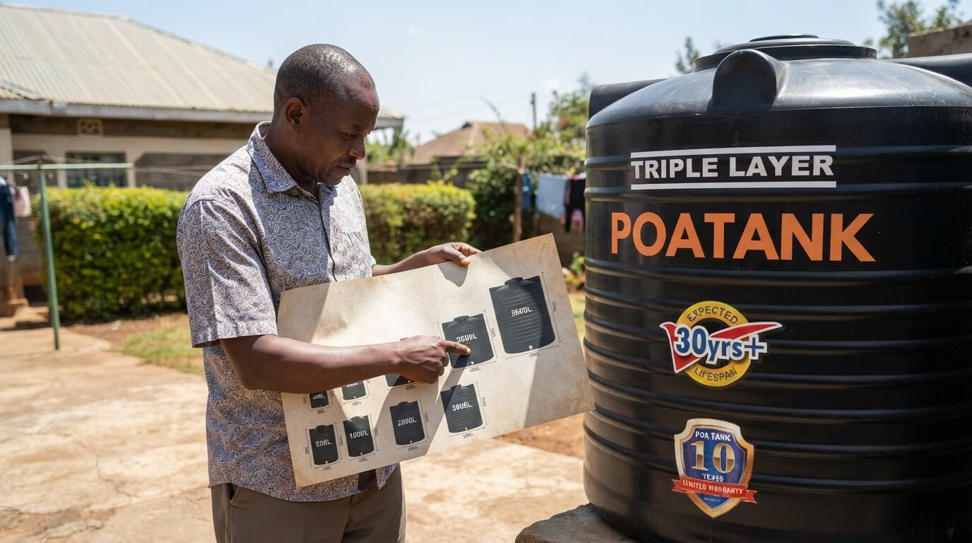 Family checking water usage needs against tank size options in Kenya