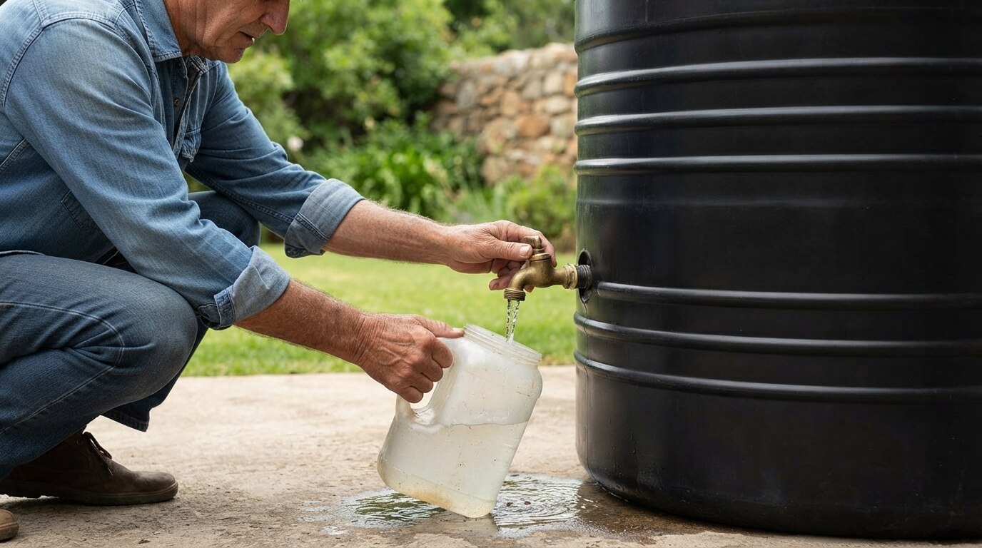 Family relying on stored water during a supply interruption in Kenya