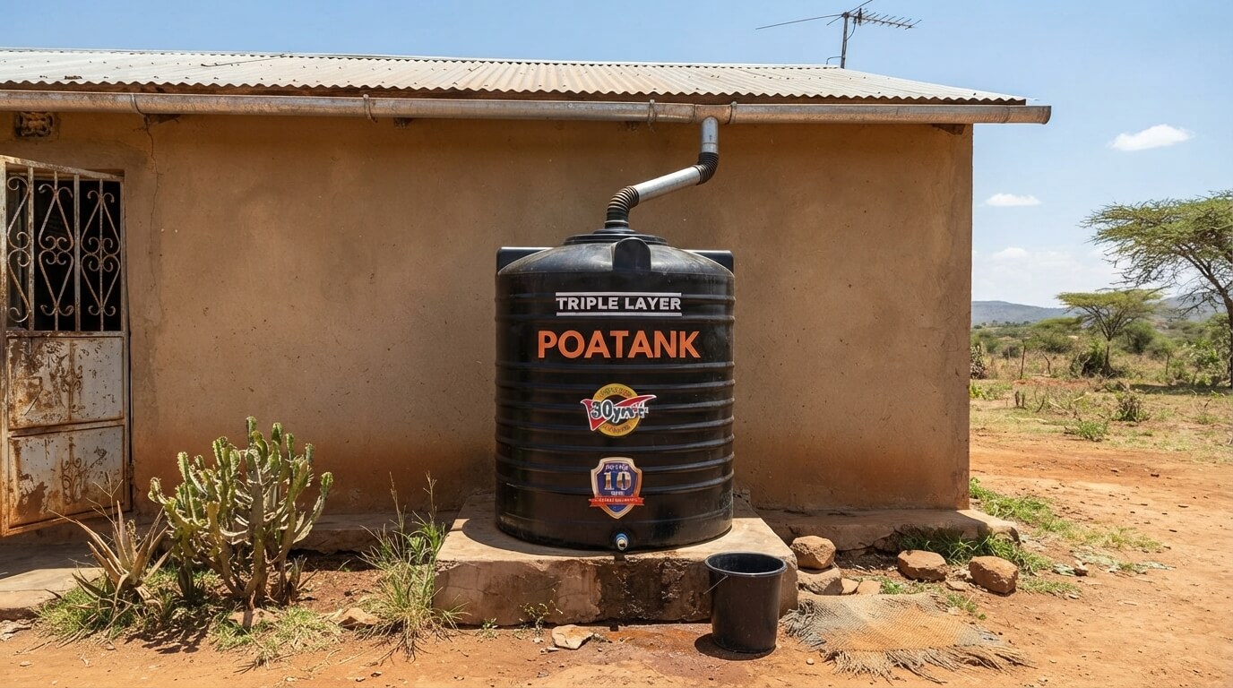 Water tank positioned to collect roof runoff in Kenya