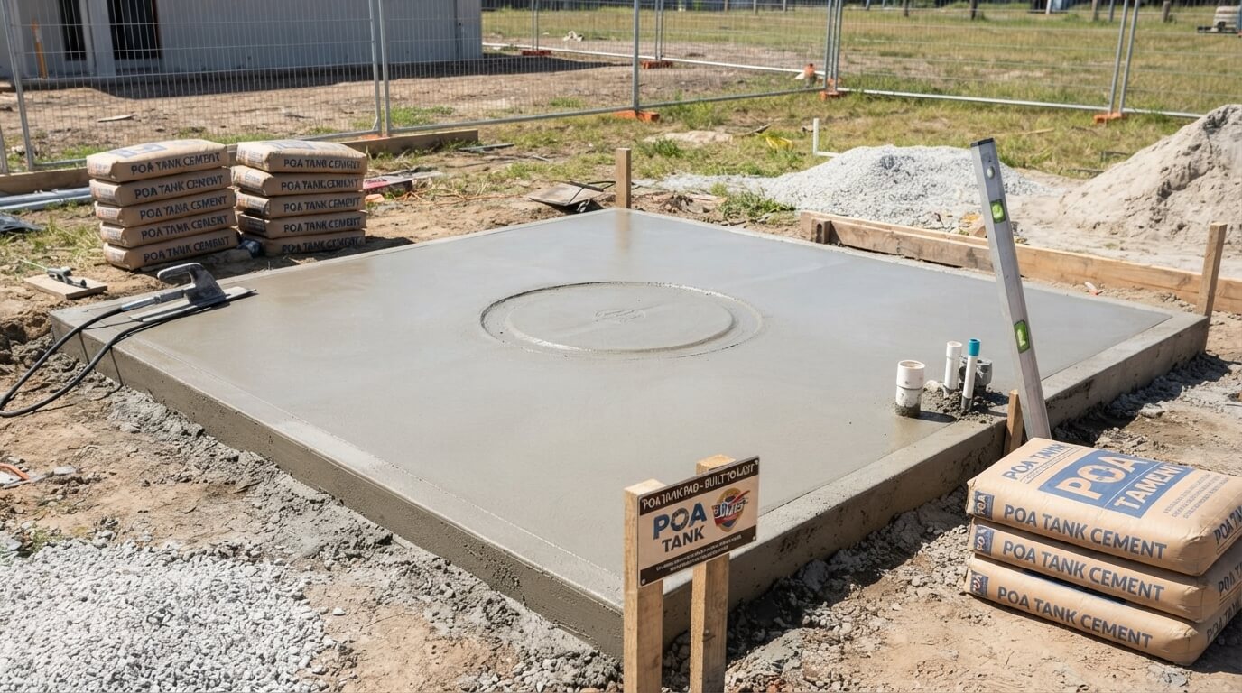 Concrete base being prepared for a large water tank installation in Kenya