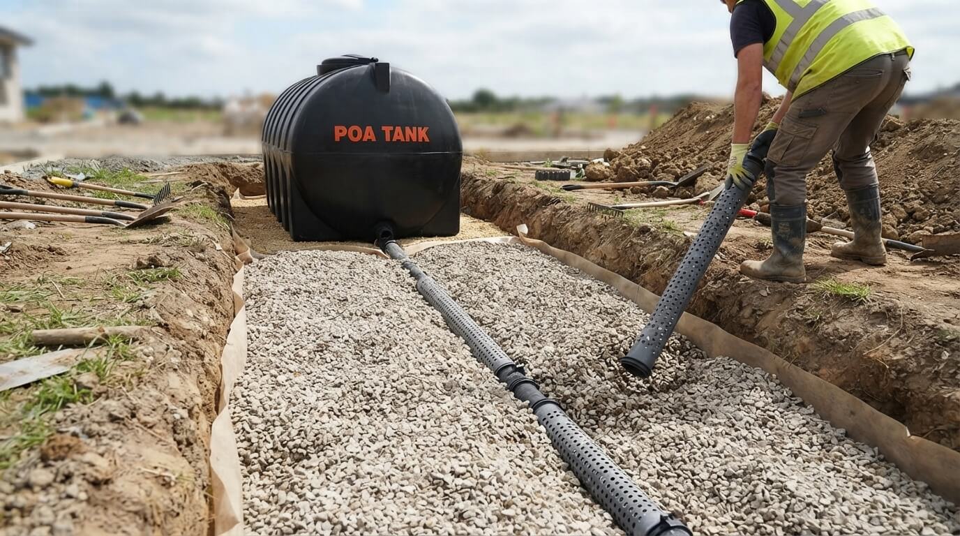 Soakaway drainage field trench being dug near a septic tank installation