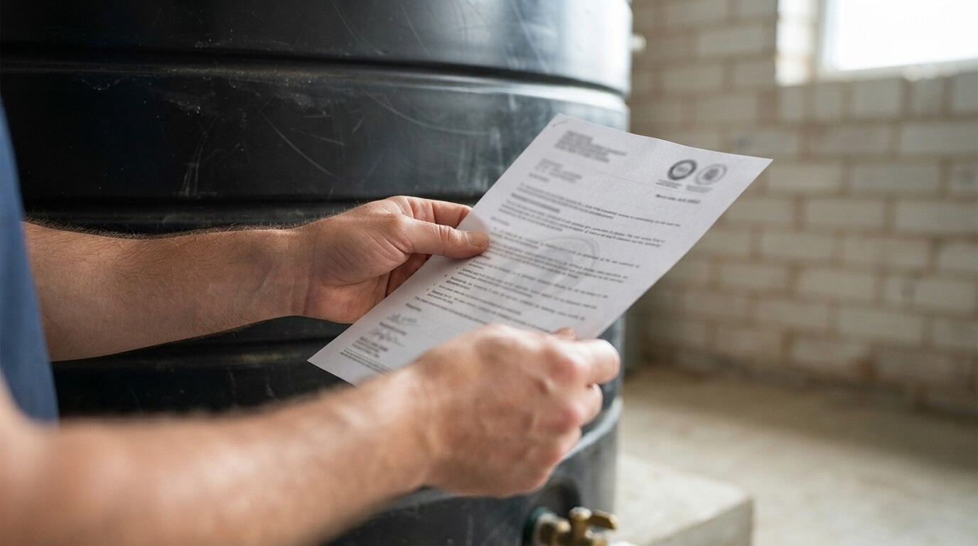 Customer checking a water tank warranty document before purchase