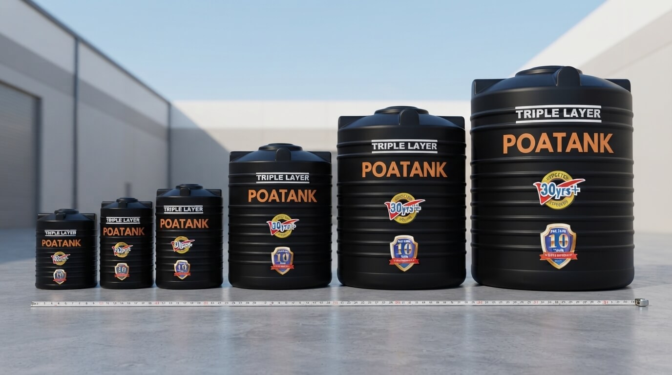 Different water tank sizes lined up for comparison in Kenya