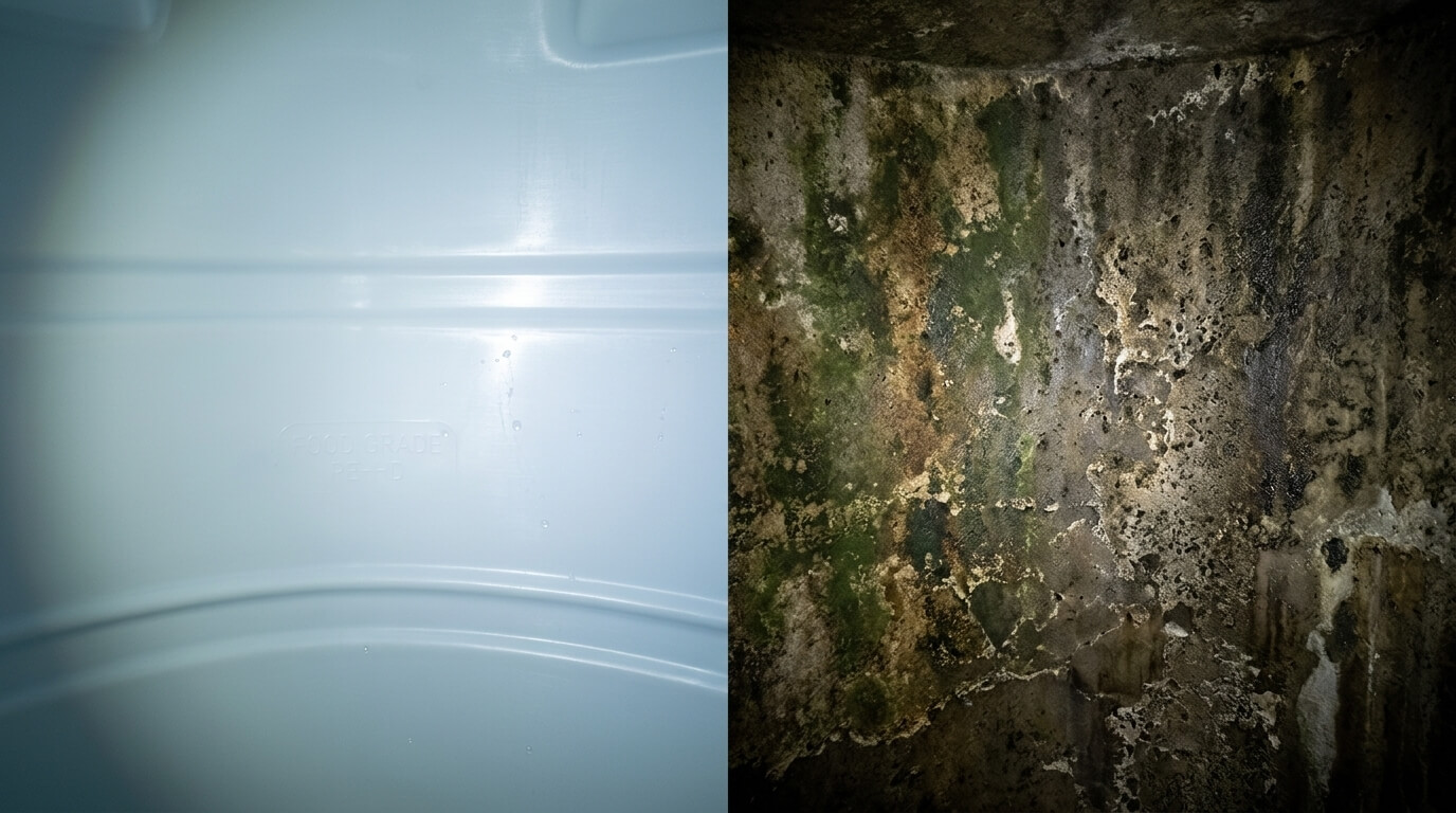 Smooth food-grade interior of a plastic water tank compared with a rough concrete tank wall