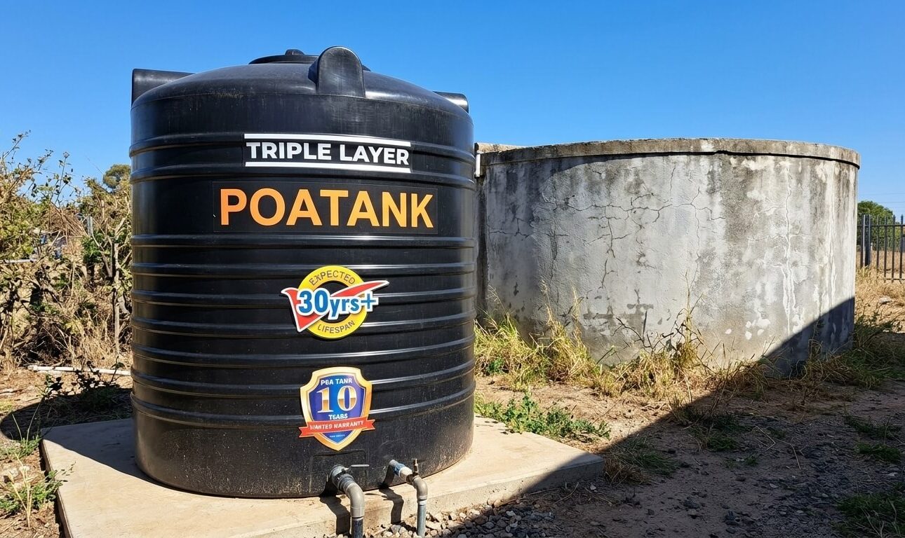 Plastic vs concrete water tanks side by side on a sunny Kenyan compound