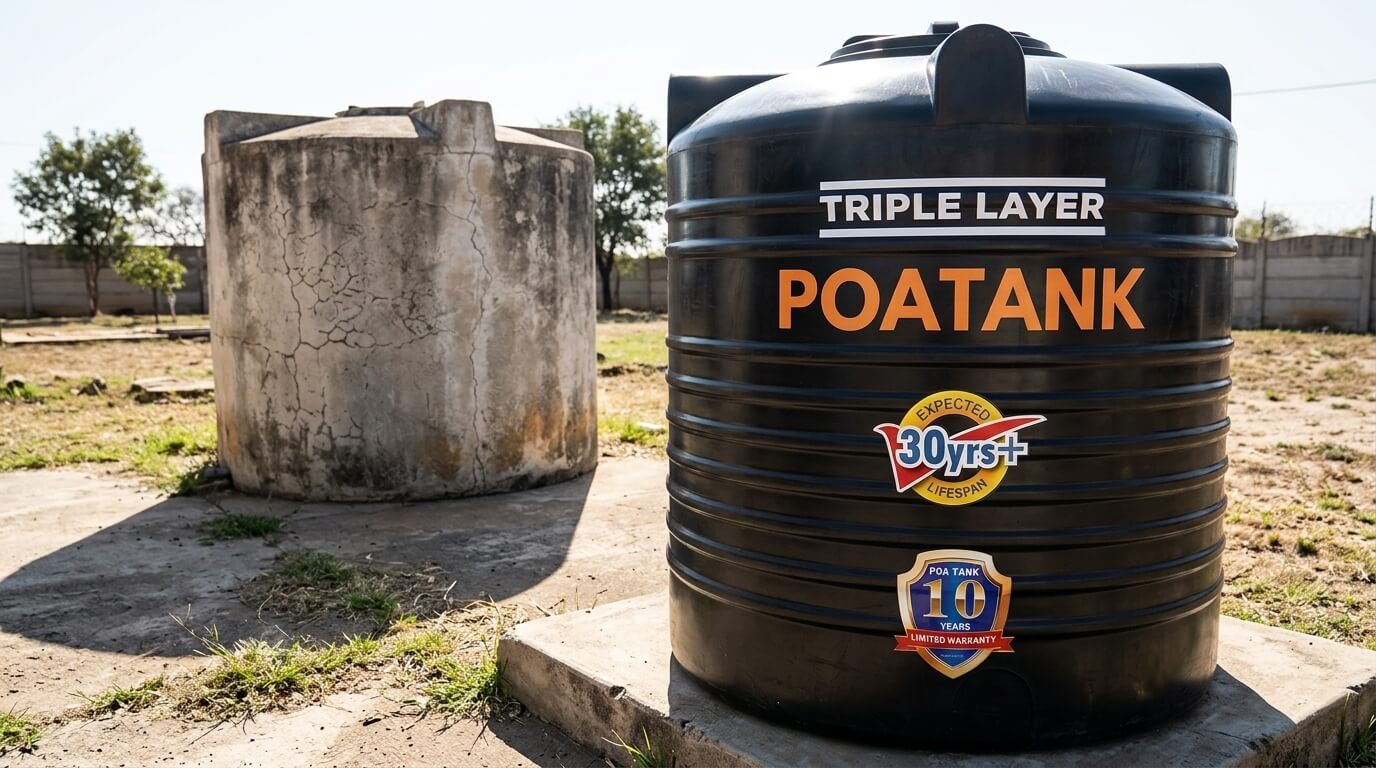 Plastic vs concrete water tanks in Kenya: a black plastic tank beside a concrete tank in strong sun